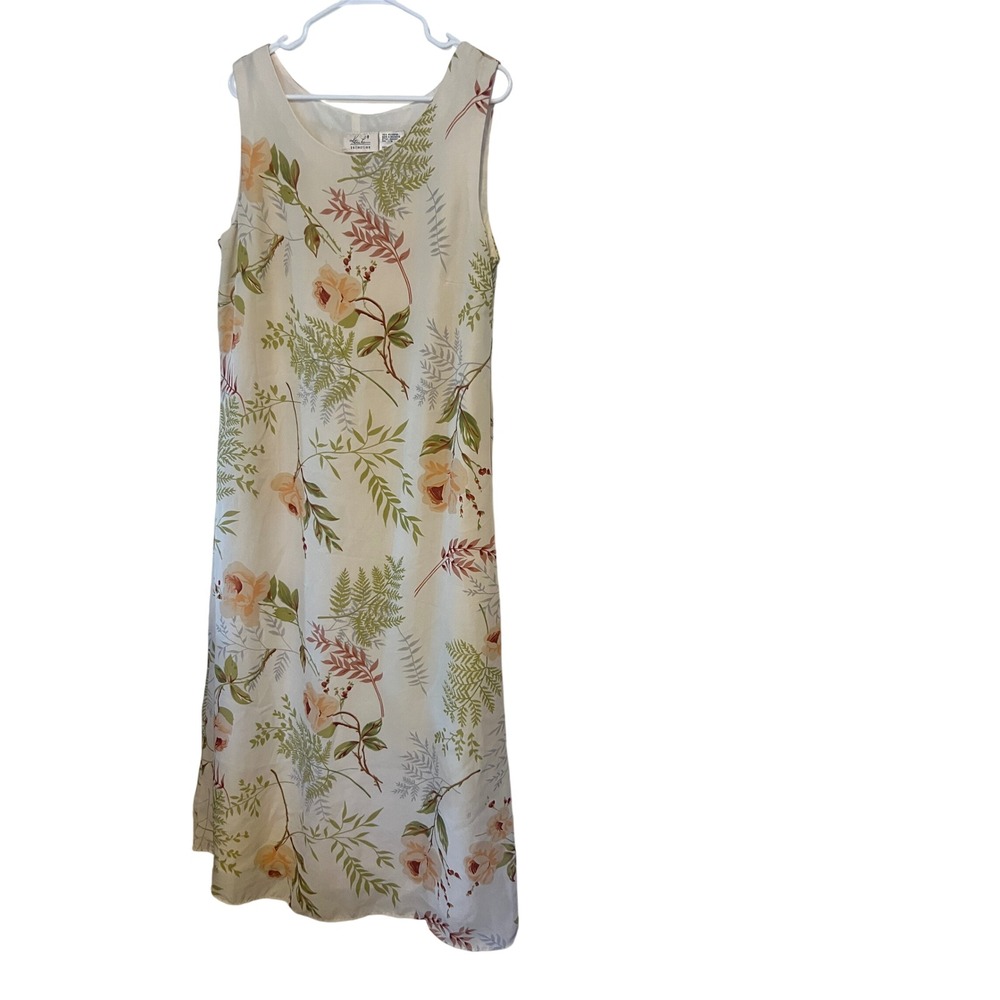 Kathie Lee Collection Floral Fern Maxi Dress Cream Peach Green Sleeveless Sz 12